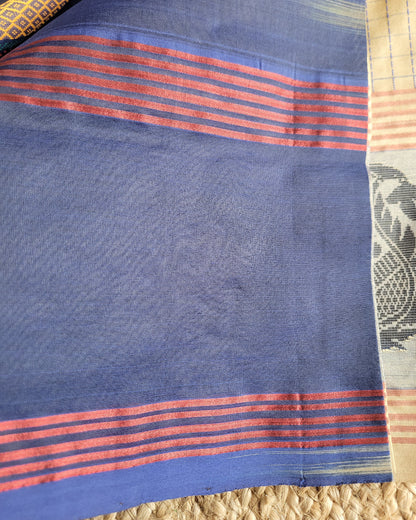 Checked Design Beige And Blue Silk Cotton Saree- TN