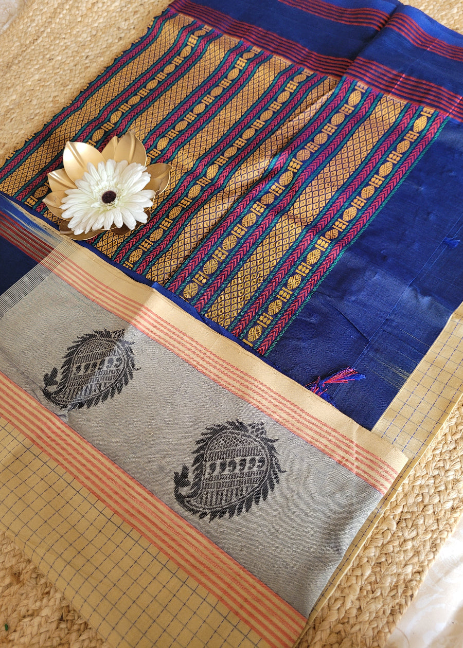 Checked Design Beige And Blue Silk Cotton Saree- TN