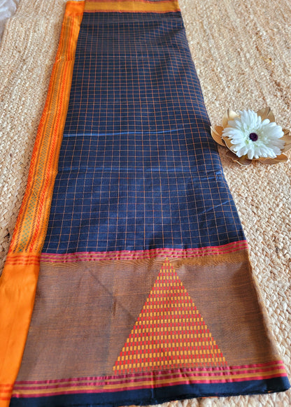 Check Design Black And Yellow Silk Cotton Saree-TN