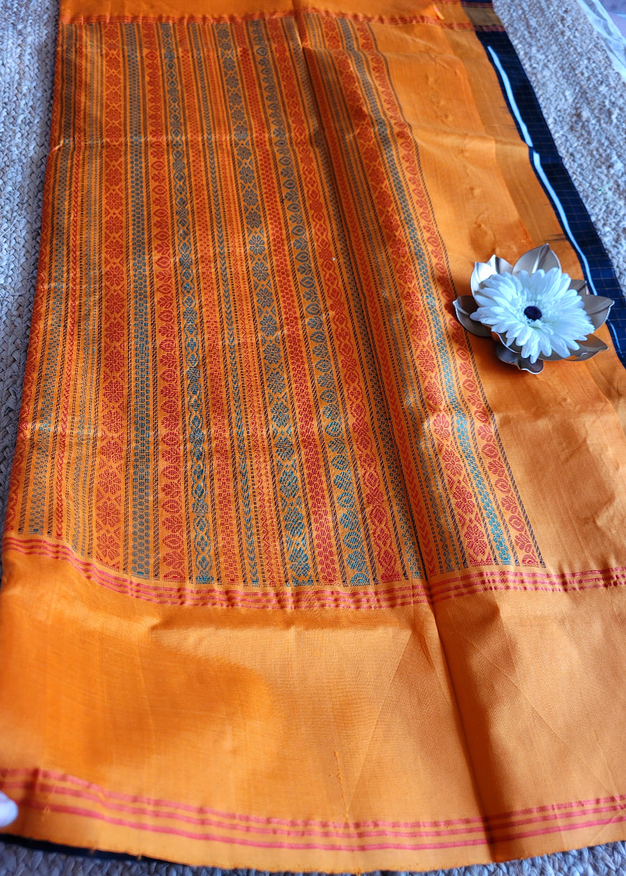 Check Design Black And Yellow Silk Cotton Saree-TN