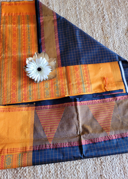 Check Design Black And Yellow Silk Cotton Saree-TN