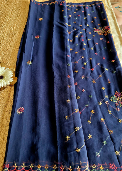 Navy Blue Chiffon Chikankari Saree- UP
