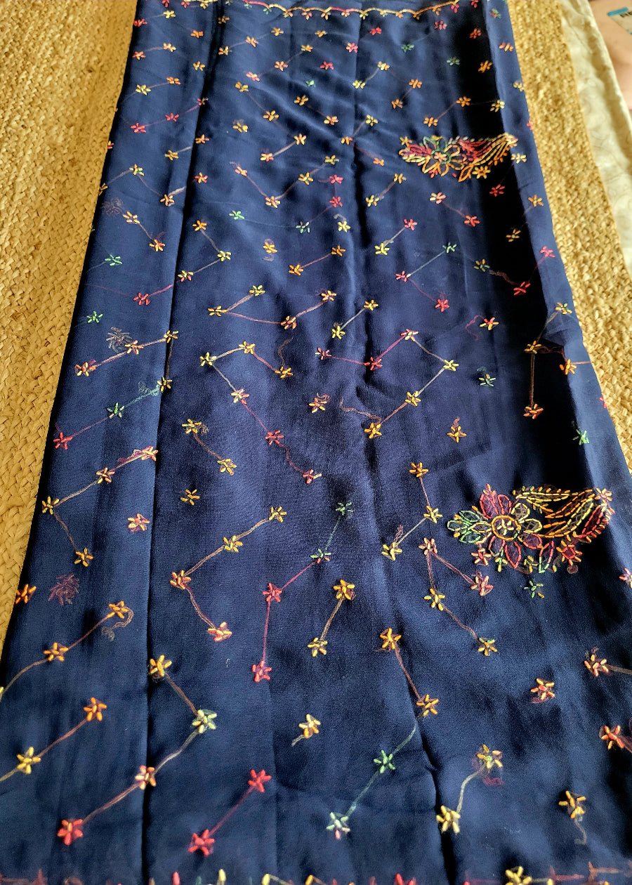 Navy Blue Chiffon Chikankari Saree- UP