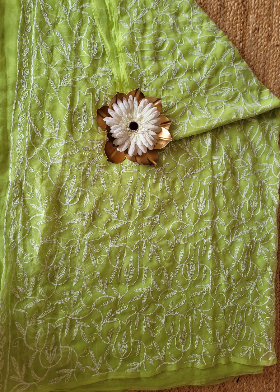 Pista Green Georgette chikankari Saree- UP