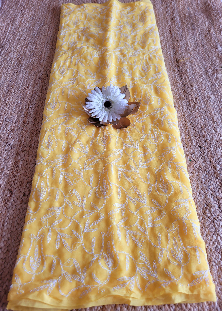 Yellow Georgette Chikankari Saree- UP