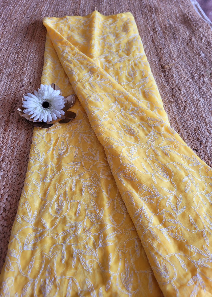 Yellow Georgette Chikankari Saree- UP