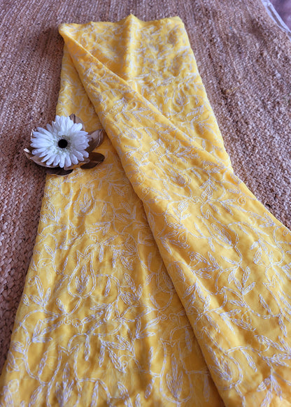 Yellow Georgette Chikankari Saree- UP
