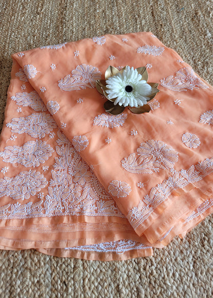 Peach Georgette Chikankari Saree- UP