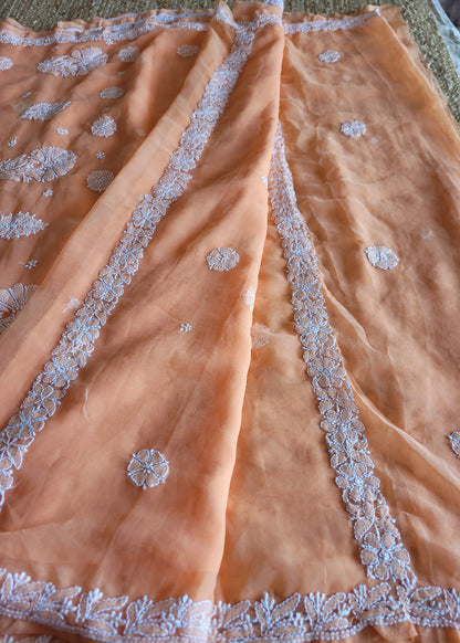 Peach Georgette Chikankari Saree- UP