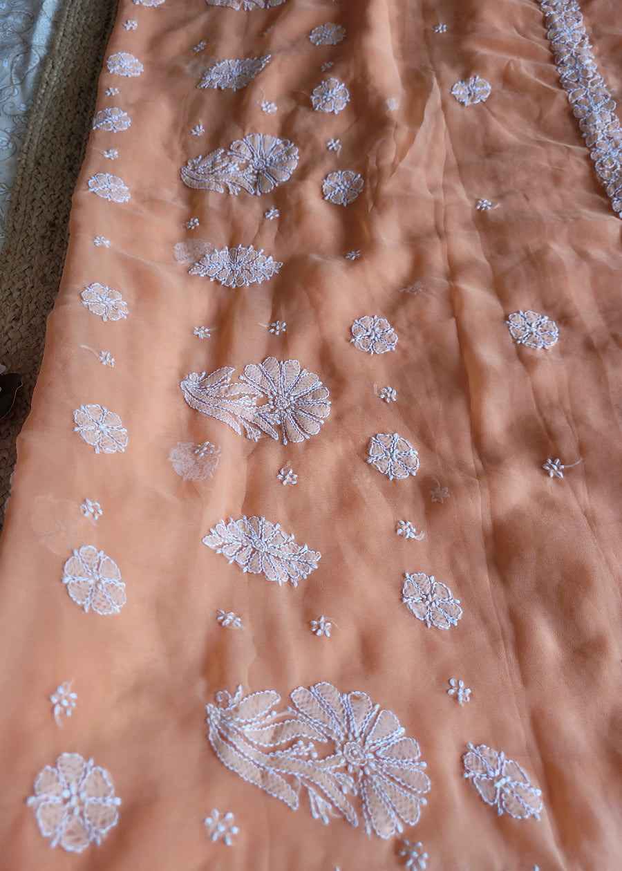 Peach Georgette Chikankari Saree- UP