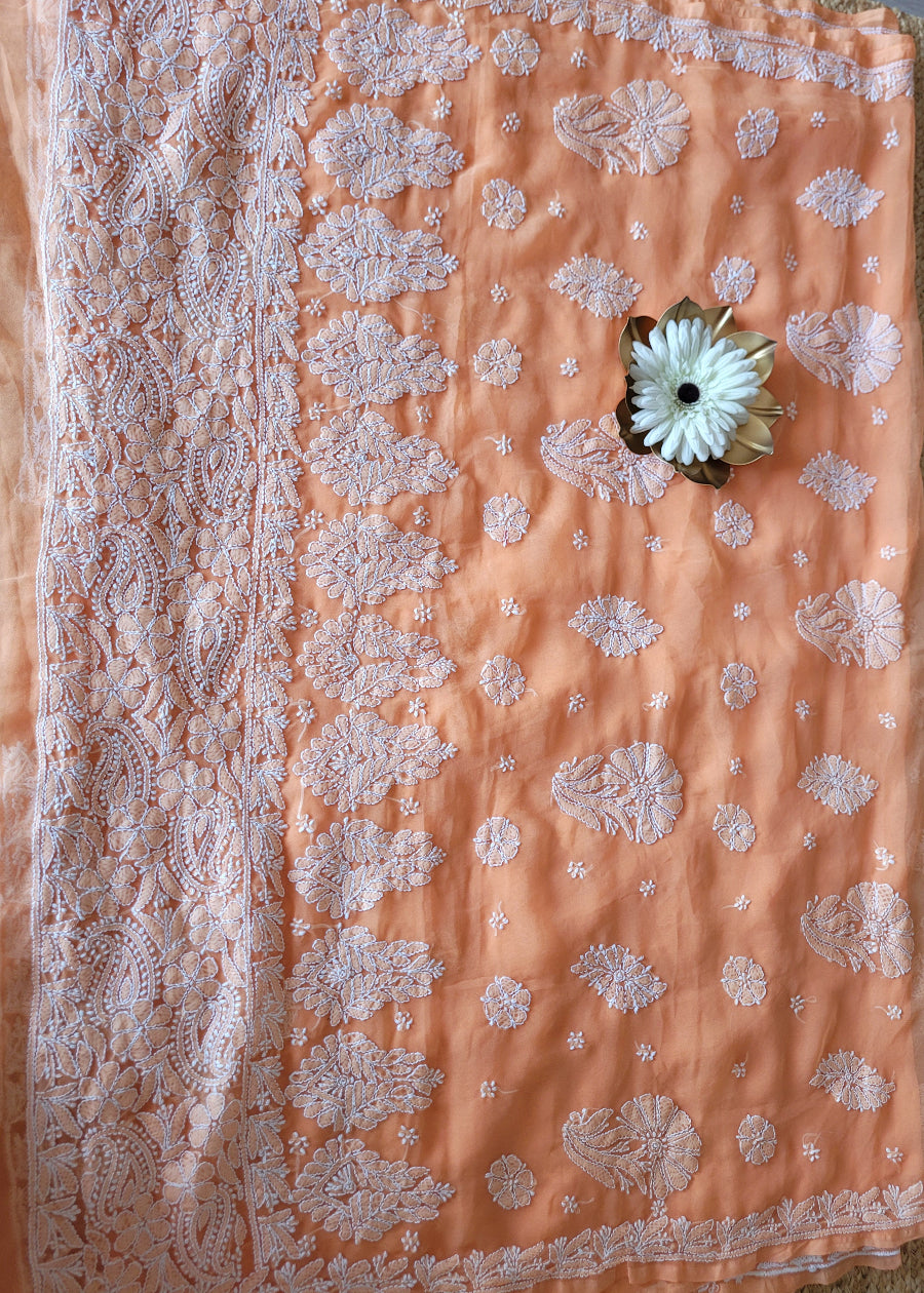Peach Georgette Chikankari Saree- UP