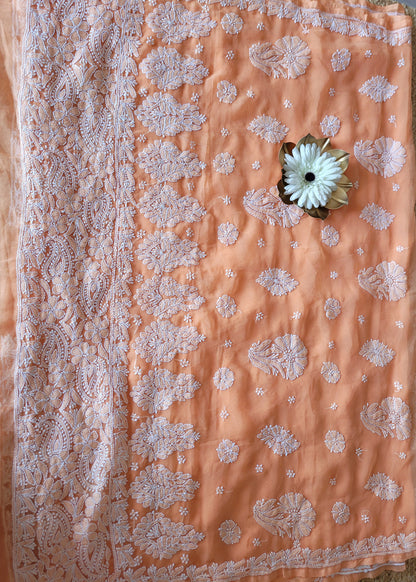 Peach Georgette Chikankari Saree- UP