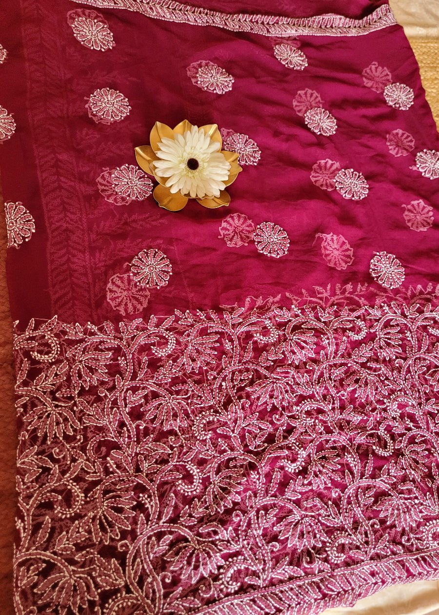 Wine Colour Georgette Chikankari Saree- UP