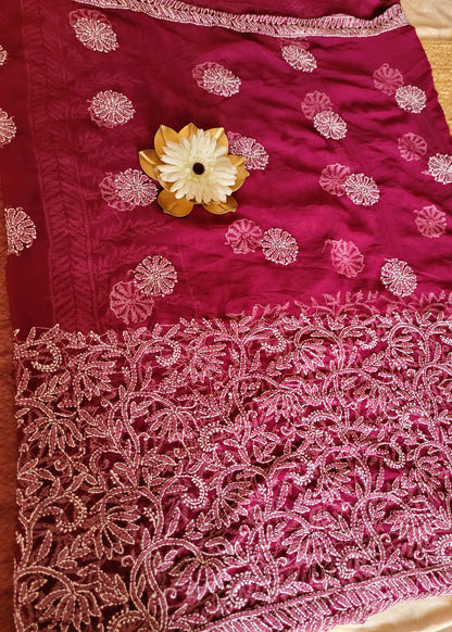 Wine Colour Georgette Chikankari Saree- UP
