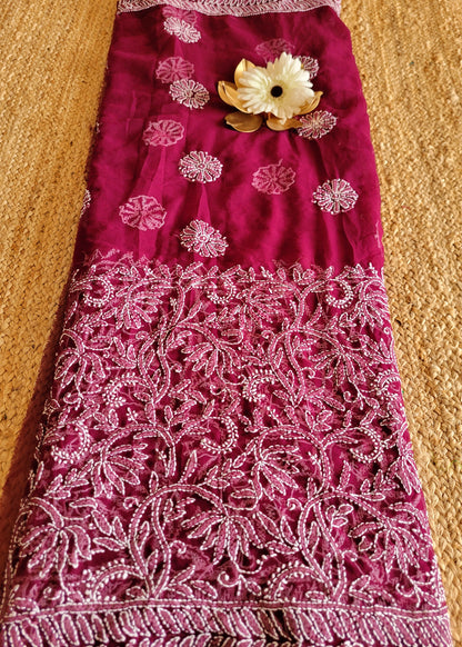 Wine Colour Georgette Chikankari Saree- UP