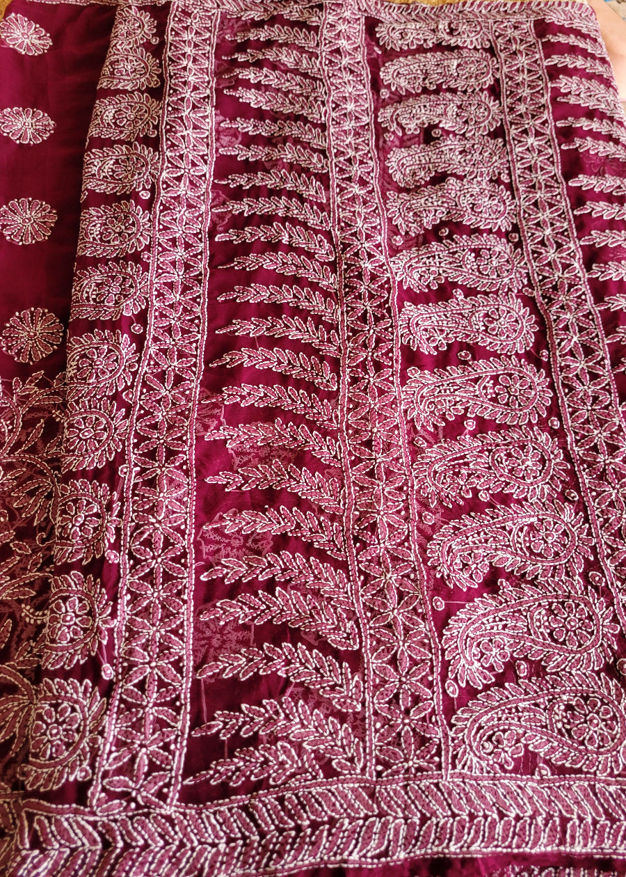 Wine Colour Georgette Chikankari Saree- UP