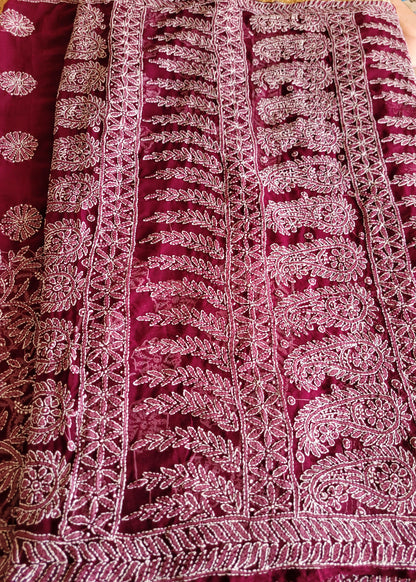 Wine Colour Georgette Chikankari Saree- UP