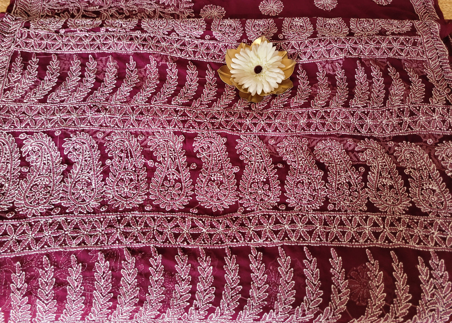 Wine Colour Georgette Chikankari Saree- UP