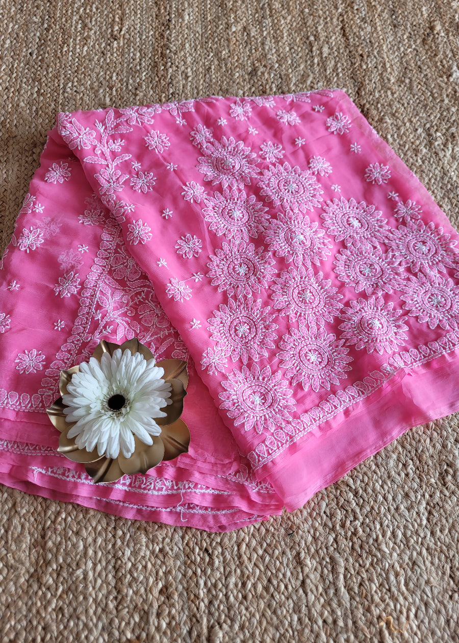 Pink Georgette Chikankari Saree- UP