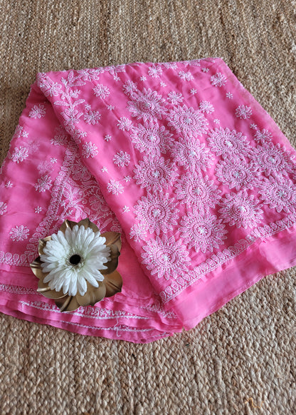 Pink Georgette Chikankari Saree- UP