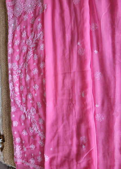 Pink Georgette Chikankari Saree- UP