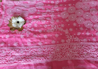 Pink Georgette Chikankari Saree- UP