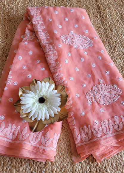 Peach Chikankari Georgette Saree-UP
