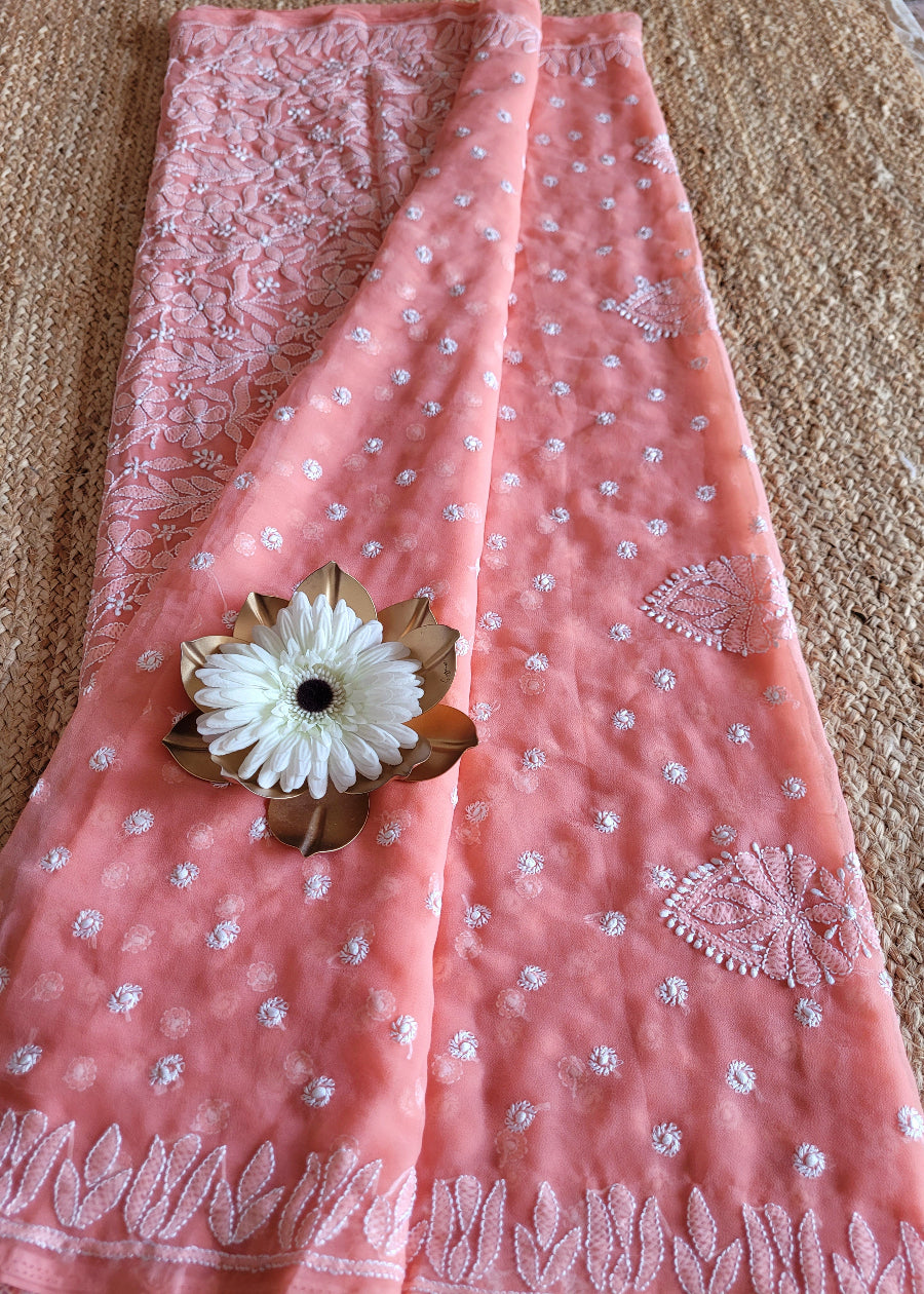 Peach Chikankari Georgette Saree-UP