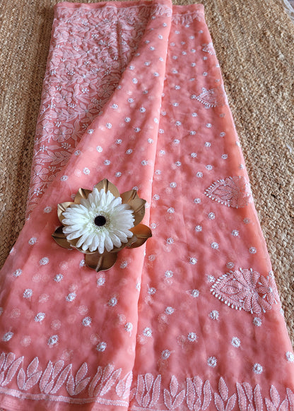 Peach Chikankari Georgette Saree-UP