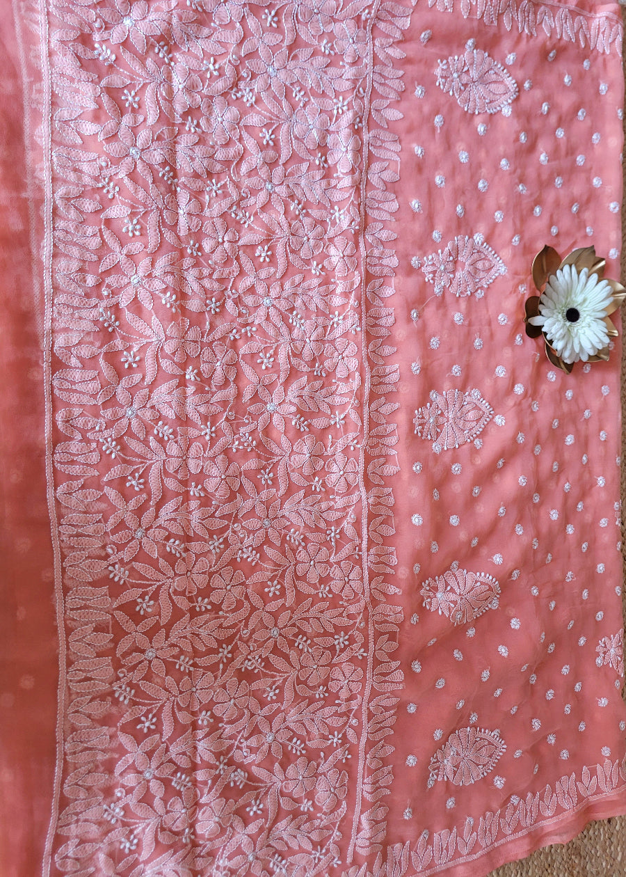 Peach Chikankari Georgette Saree-UP
