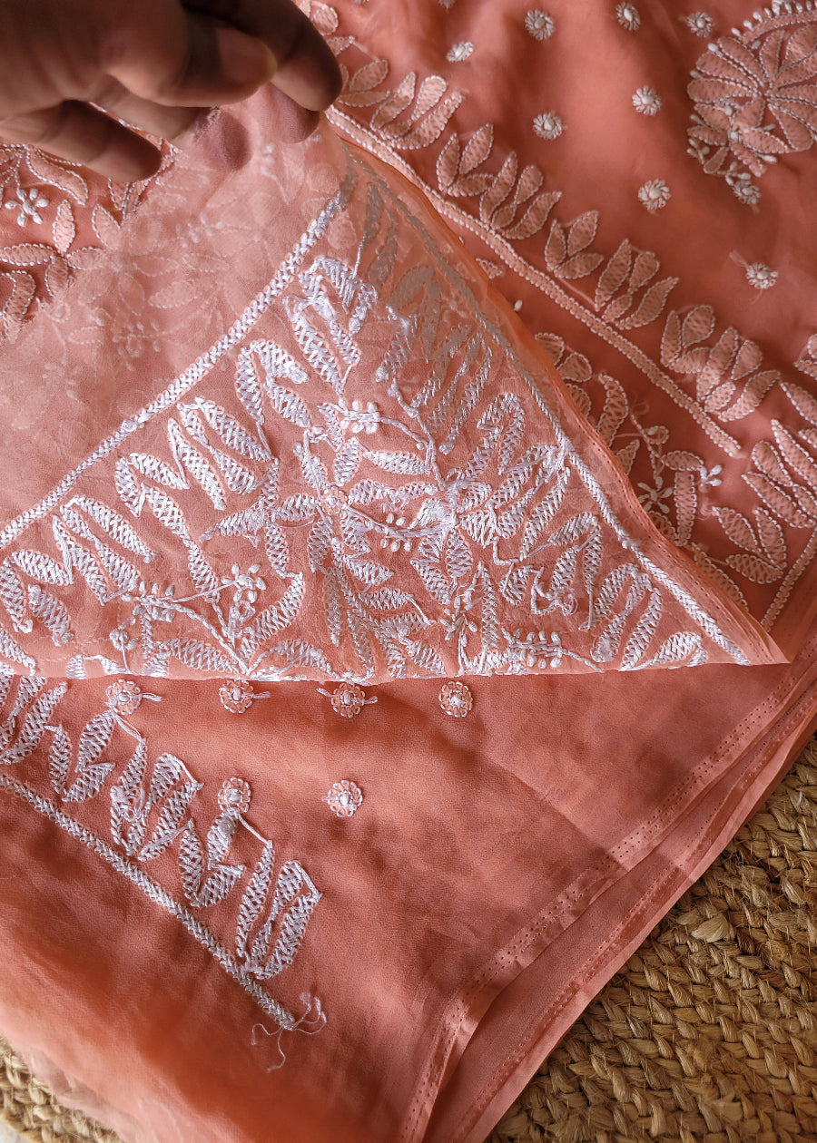 Peach Chikankari Georgette Saree-UP