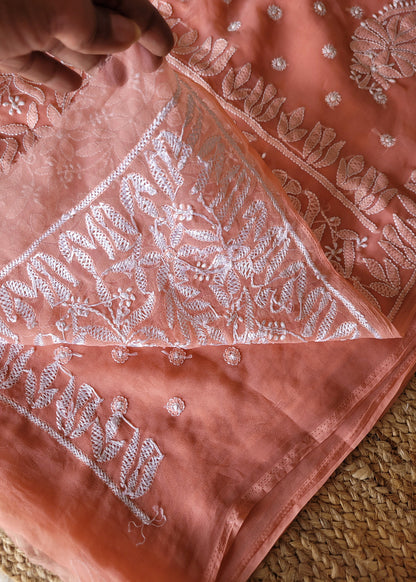 Peach Chikankari Georgette Saree-UP