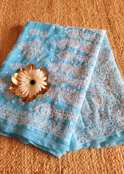 Sky Blue Georgette Chikankari Saree With Mukesh Work-UP