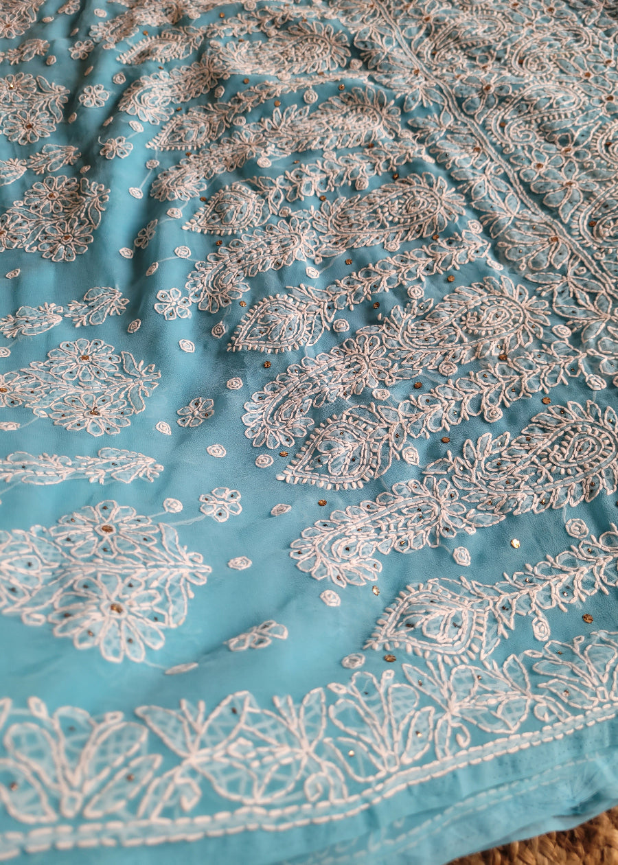 Sky Blue Georgette Chikankari Saree With Mukesh Work-UP