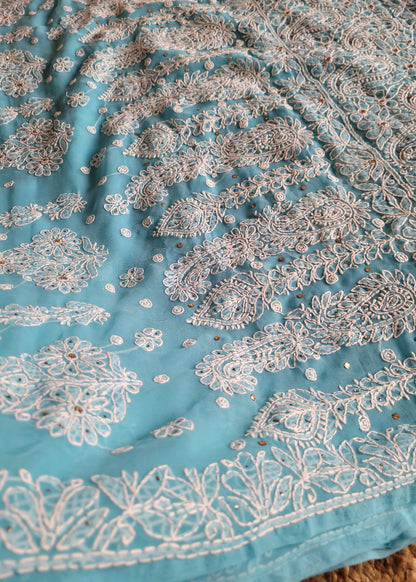 Sky Blue Georgette Chikankari Saree With Mukesh Work-UP