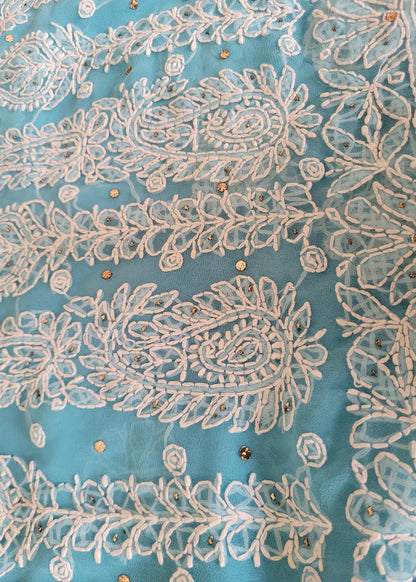 Sky Blue Georgette Chikankari Saree With Mukesh Work-UP