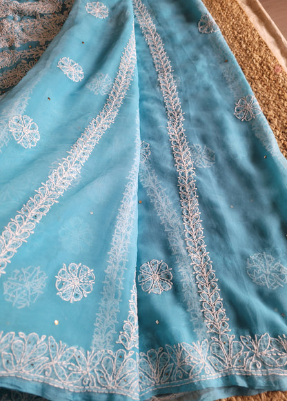 Sky Blue Georgette Chikankari Saree With Mukesh Work-UP
