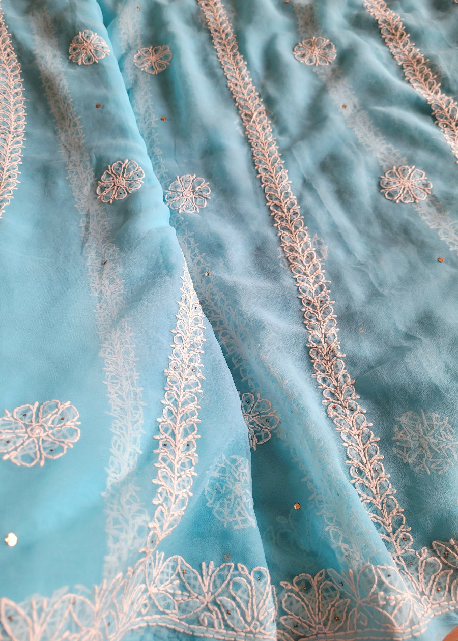 Sky Blue Georgette Chikankari Saree With Mukesh Work-UP