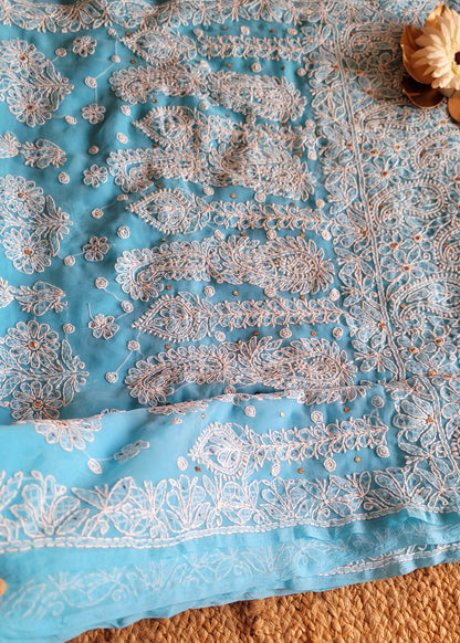 Sky Blue Georgette Chikankari Saree With Mukesh Work-UP