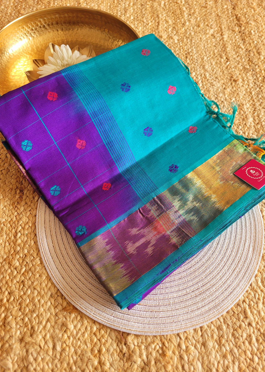 Checked Design Purple And Rama Blue Silk Cotton Saree-TN