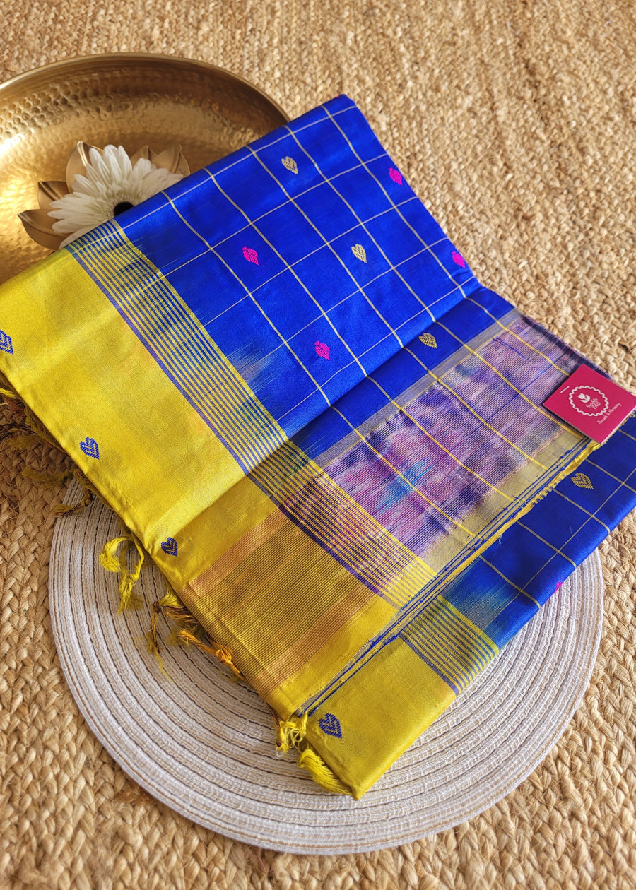 Checked Design Royal Blue And Yellow Silk Cotton Saree-TN