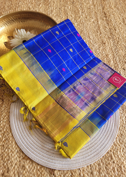 Checked Design Royal Blue And Yellow Silk Cotton Saree-TN
