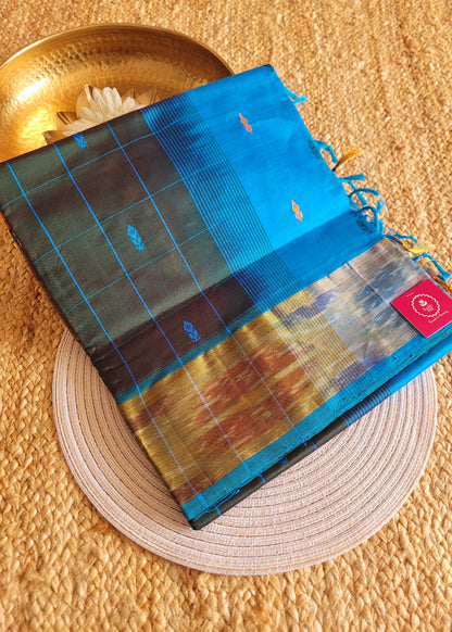 Checked Design Bottle Green And Blue Silk Cotton Saree-TN