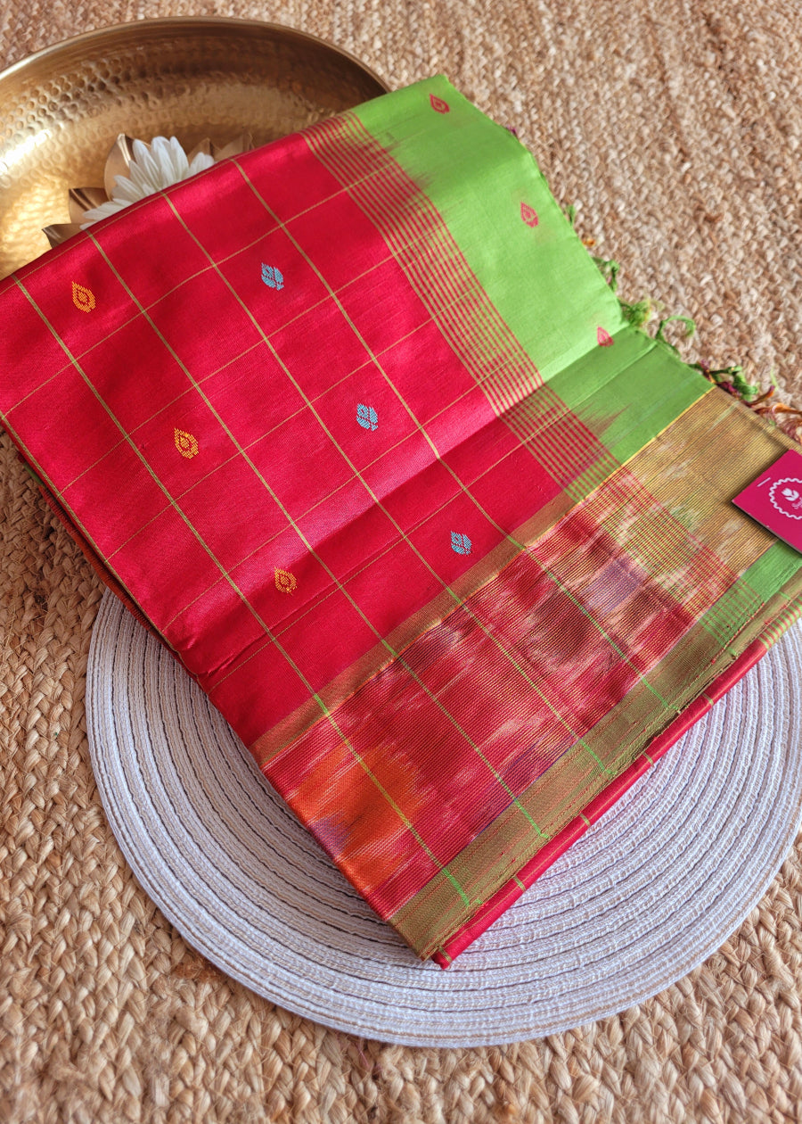 Checked Design Maroon And Leaf Green Silk Cotton Saree- TN