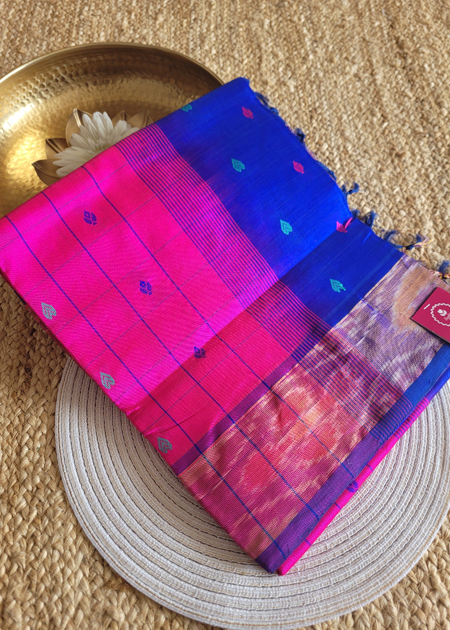 Checked Design Bright Majenta And Royal Blue Silk Cotton Saree- TN