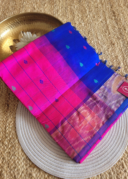 Checked Design Bright Majenta And Royal Blue Silk Cotton Saree- TN