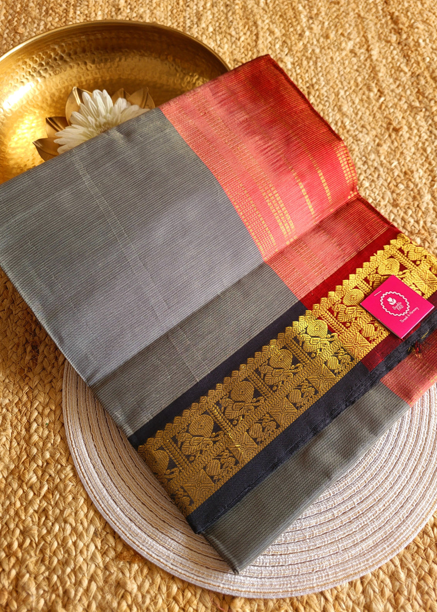 Grey And Deep Red Sil Cotton Saree- TN