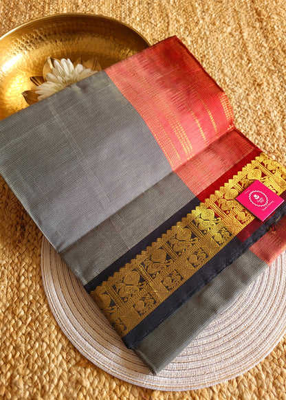Grey And Deep Red Sil Cotton Saree- TN