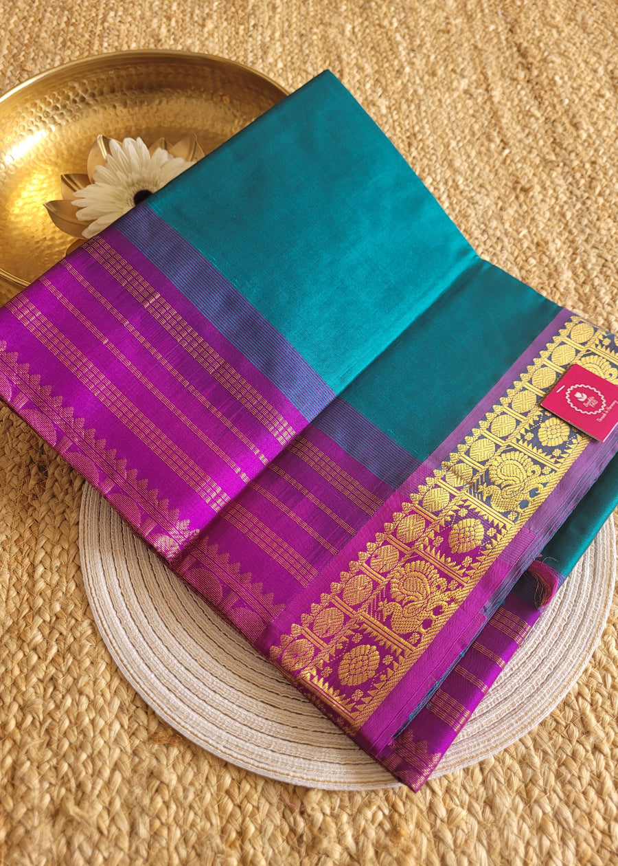 Peacock Blue And Purple Pure Silk -Cotton Saree- TN