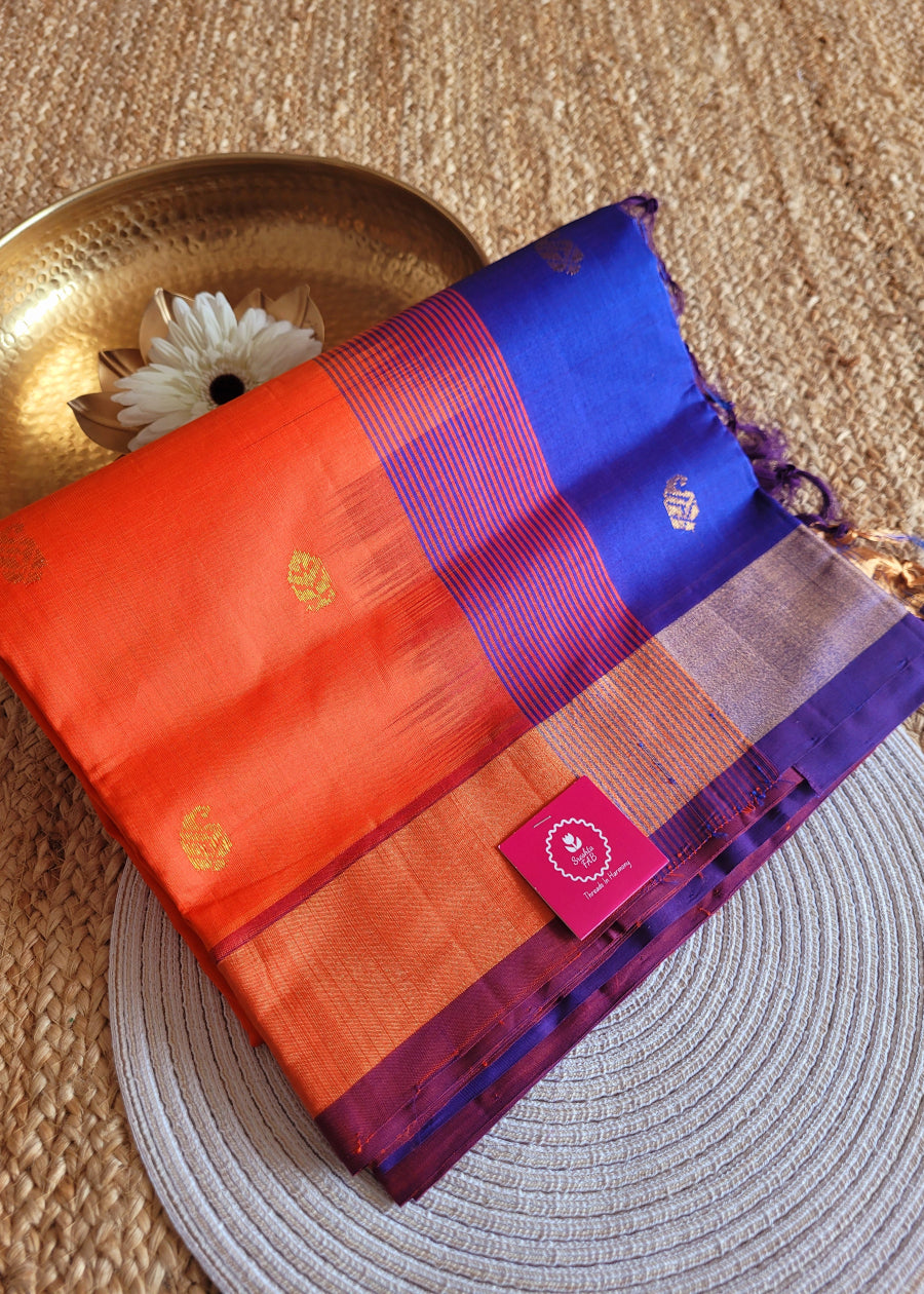 Orange And Royal Blue Silk Cotton Saree-TN